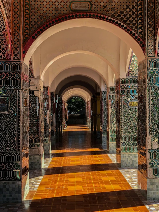 inside a hallway in a very colorful building