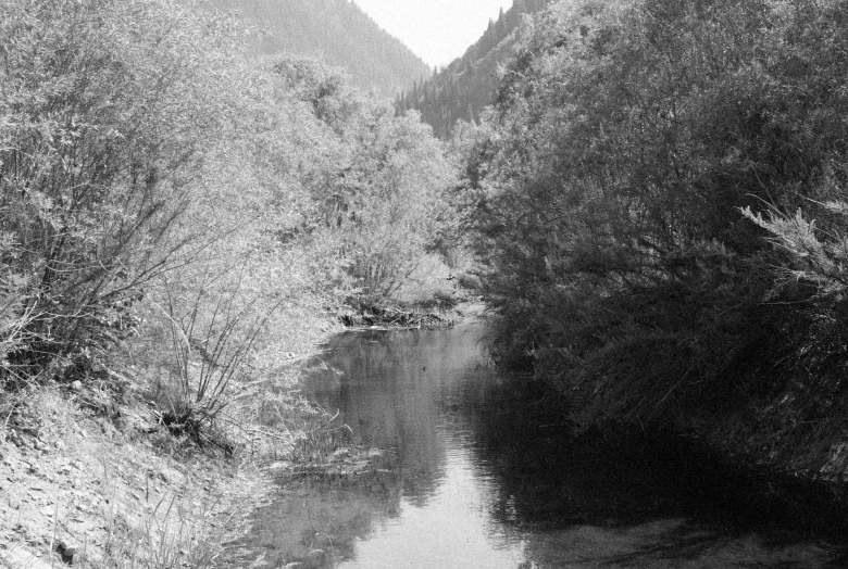 black and white pograph of the river in a valley