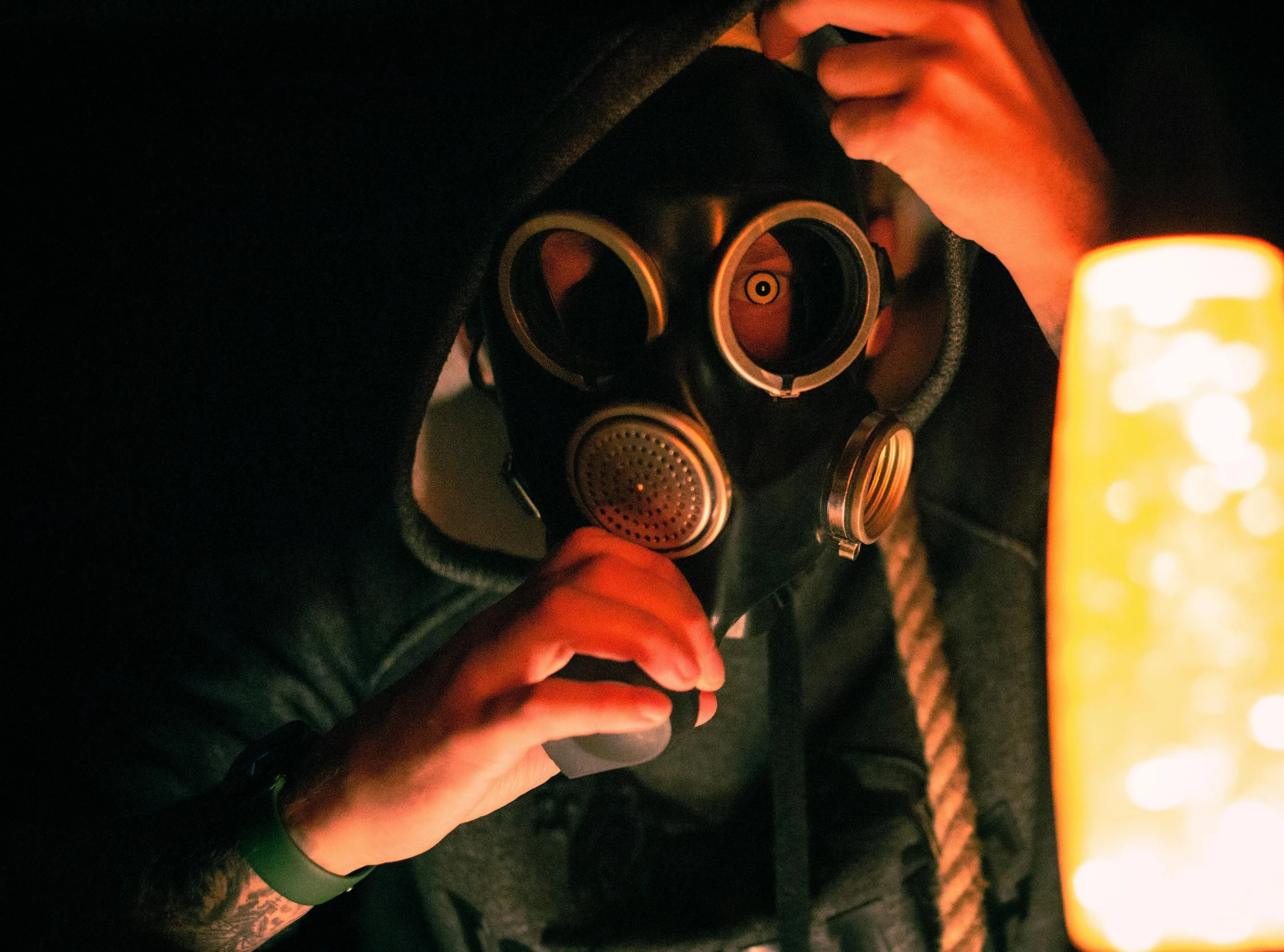 a close up of a person in a gas mask