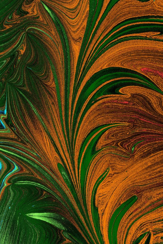 an abstract painting with an orange and green swirl