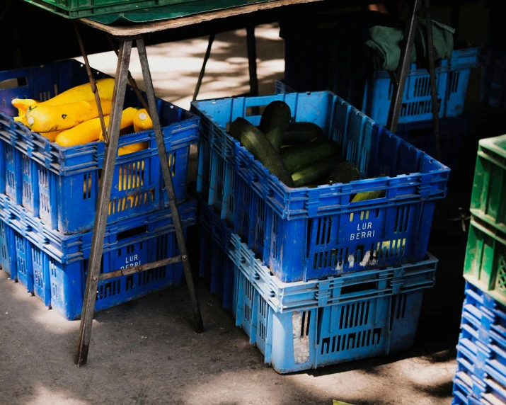 an old ladder is used as a crate holder with crates full of bananas