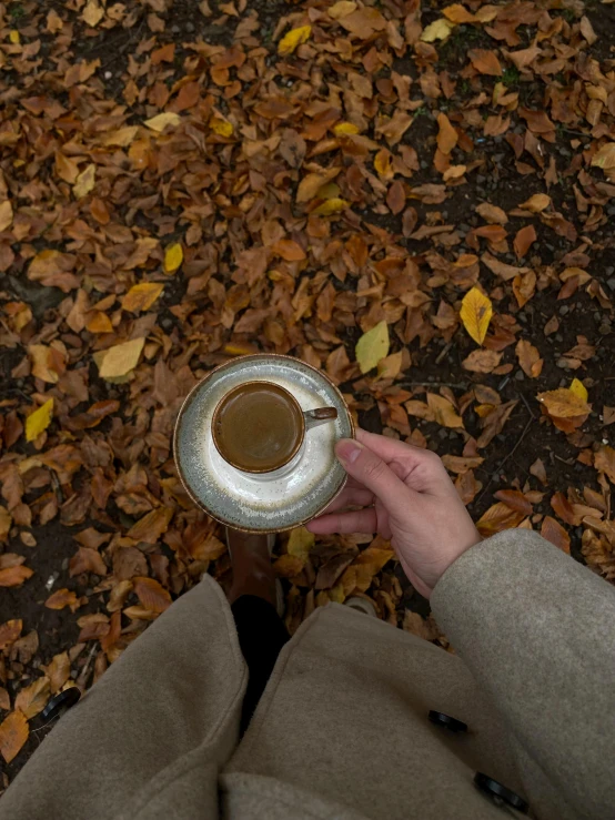 an aerial view of a person holding a cup of coffee