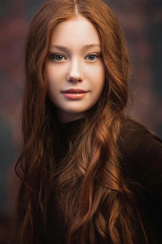 a woman with long hair, she has brown eyes and red cheeks