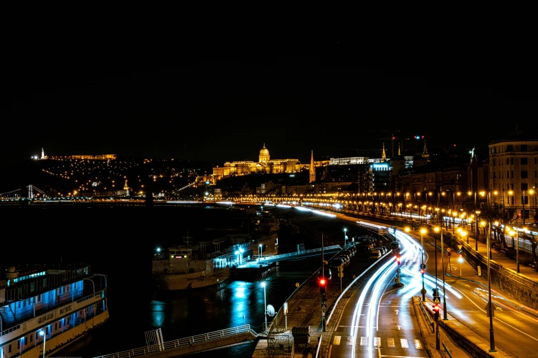 an aerial view of a city street at night