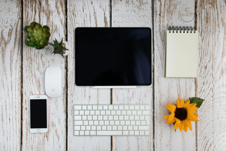 a laptop computer, keyboard, mouse and flower on top of a white wooden background