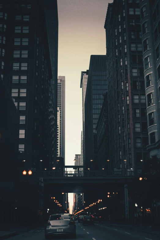 view of a city street in the night taken from below