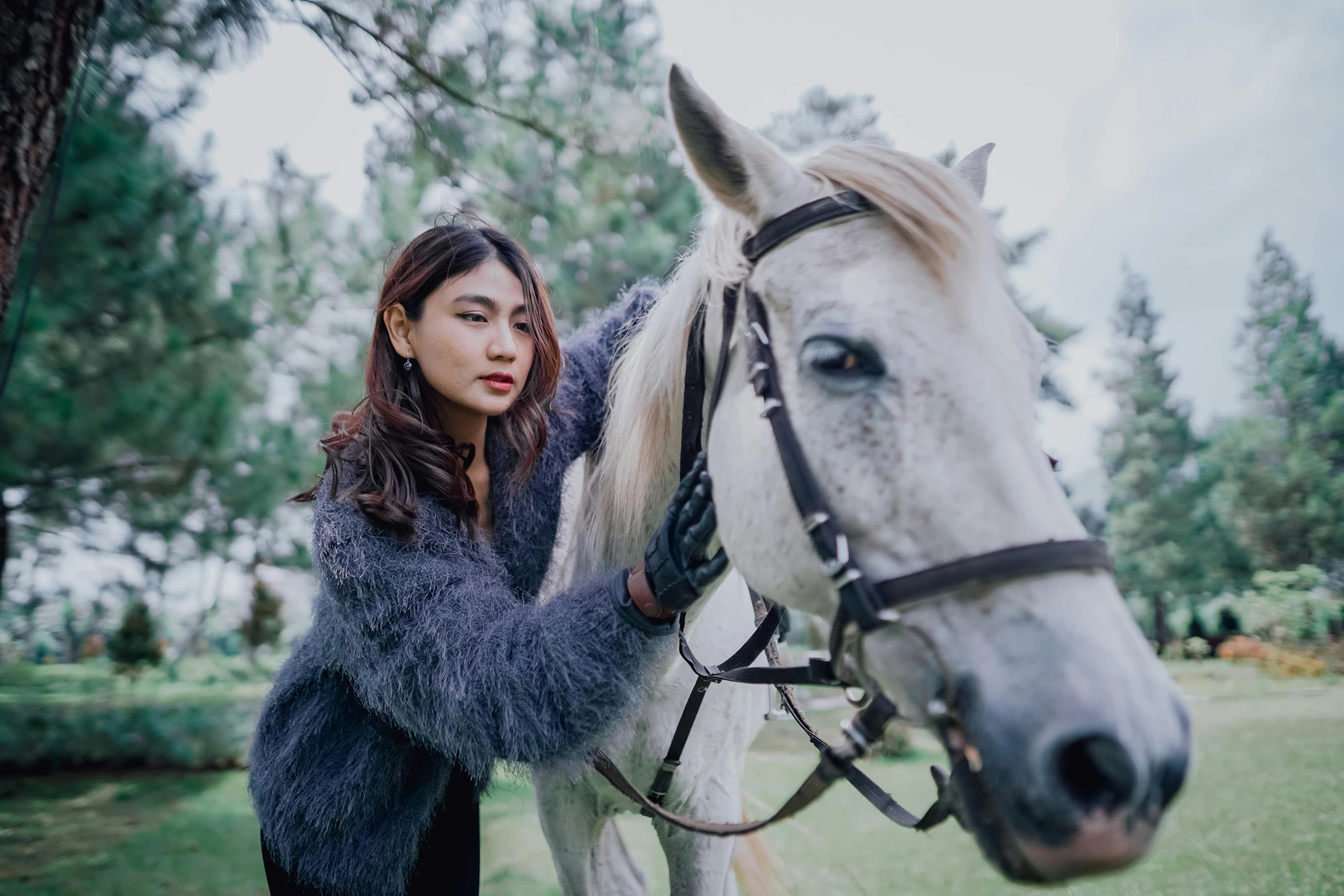 a woman and a white horse in a park