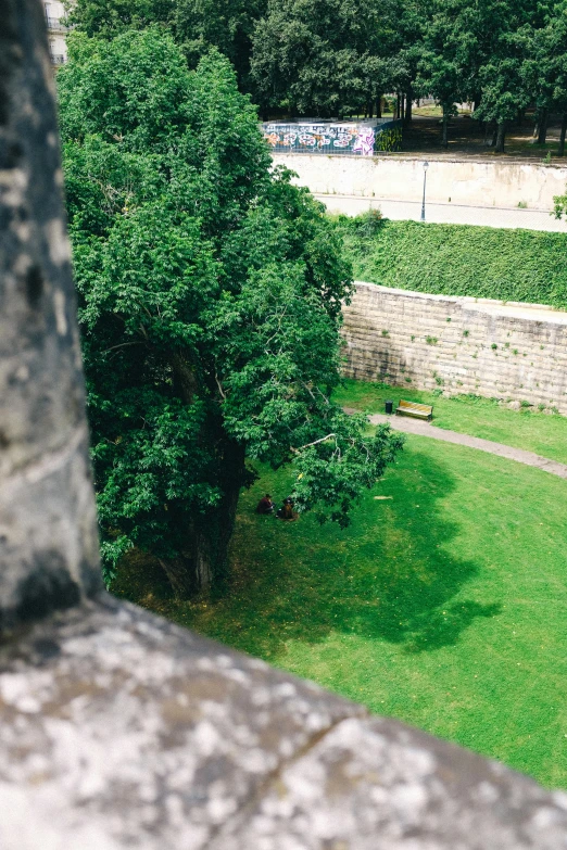 looking down on the path and field where one person walks