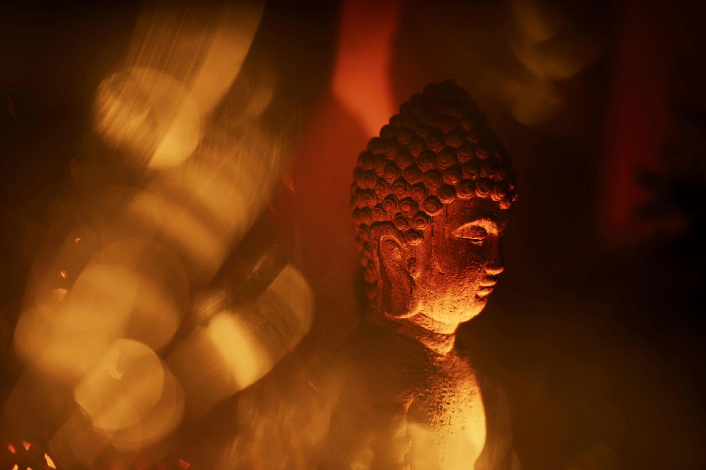 the back lit buddha statue is in the dark