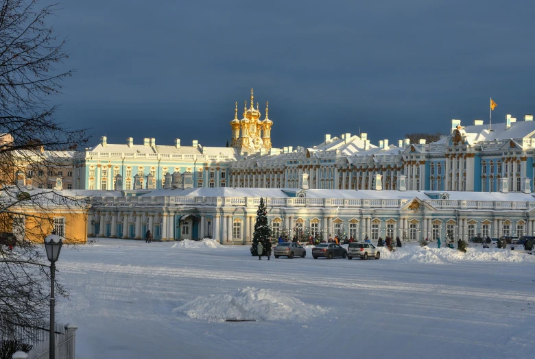 many buildings are shown in the snow with many trees