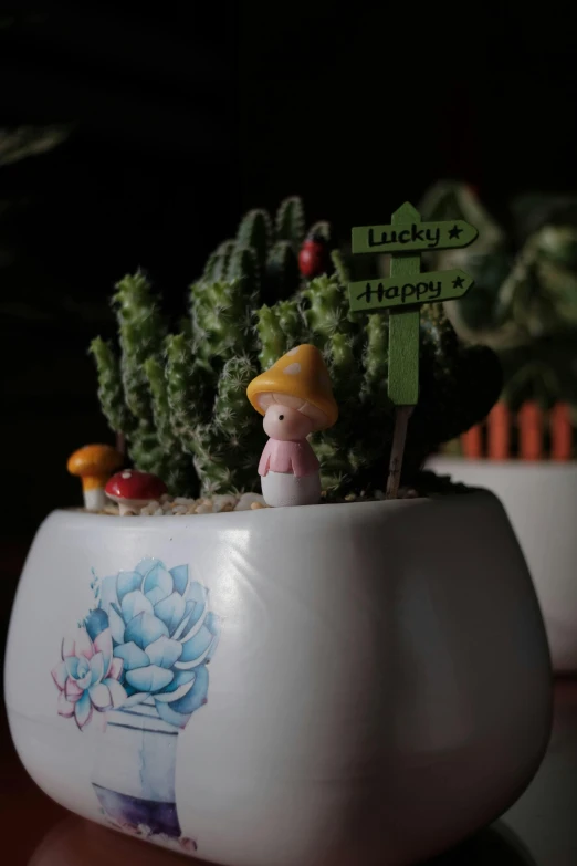 a cute plant with little gnomes in it
