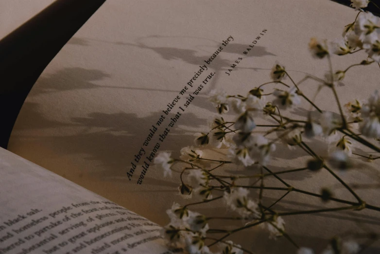 a book open with the pages closed on top of it and flowers laying on top