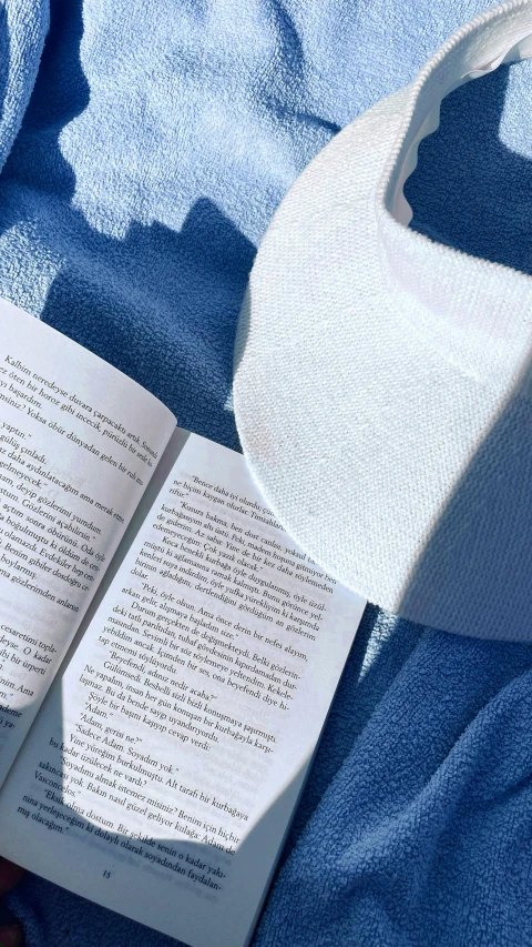 the books are open on a bed with blue covers