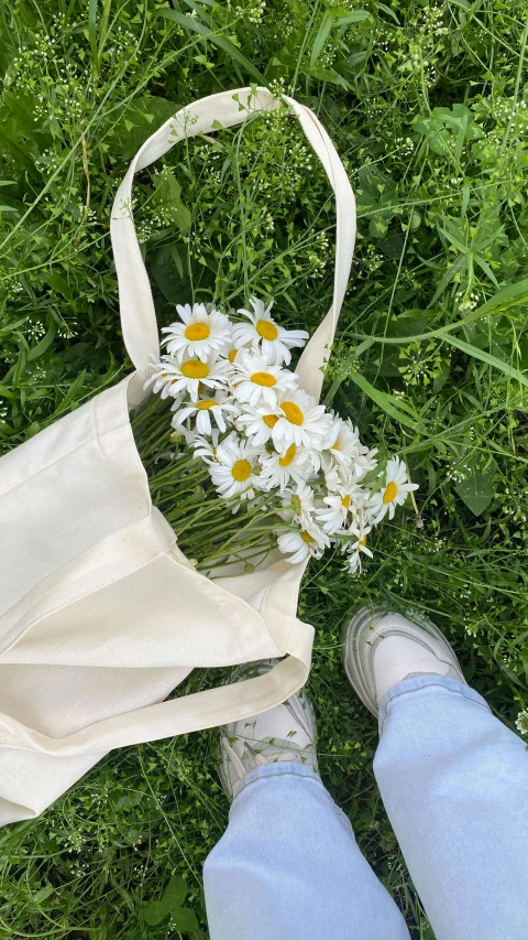 a bag with white and yellow daisies is in the grass