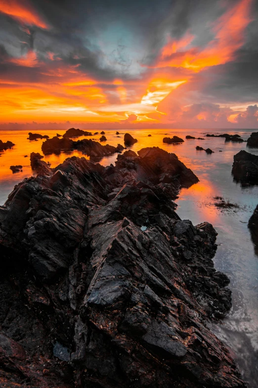 a beach shore with water, rocks and trees with a sky filled with orange clouds