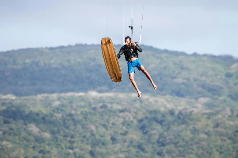 a man parasailing through the air while holding on to a handle