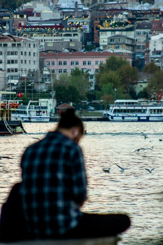 a person sitting at the shore with a bunch of birds on the water