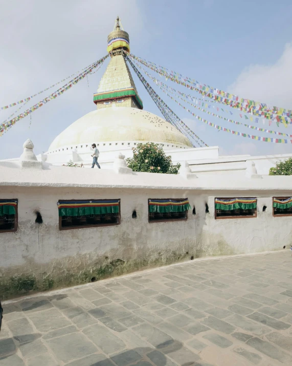 the roof of a temple that is decorated with flags