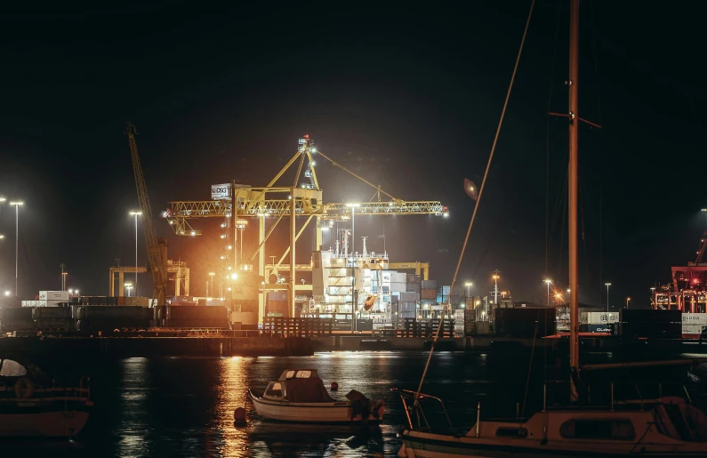 some boats and big cranes in the water