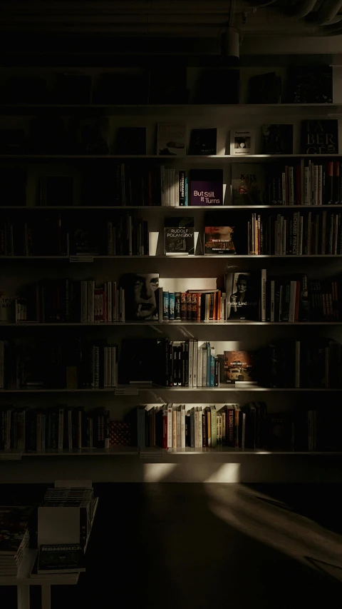 this is the dark room in which there are many books on a book shelf