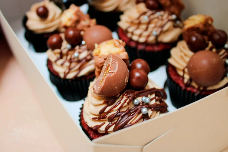 an open box with several cupcakes in it