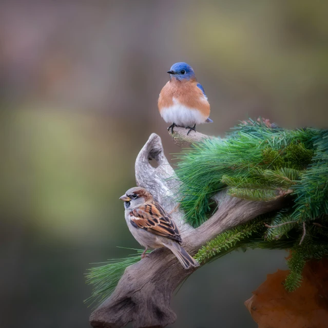 two small birds perched on top of a tree nch