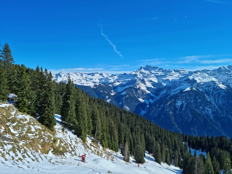 snowy mountains with evergreens and some people hiking up it