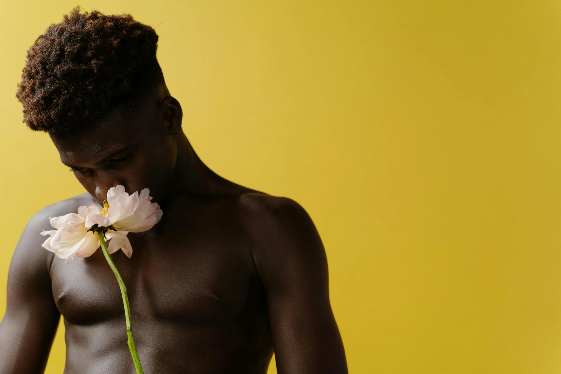 a man holding a flower and standing next to a yellow wall