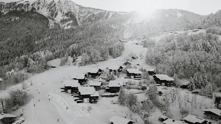 aerial view of a snowy alpine town in the mountains