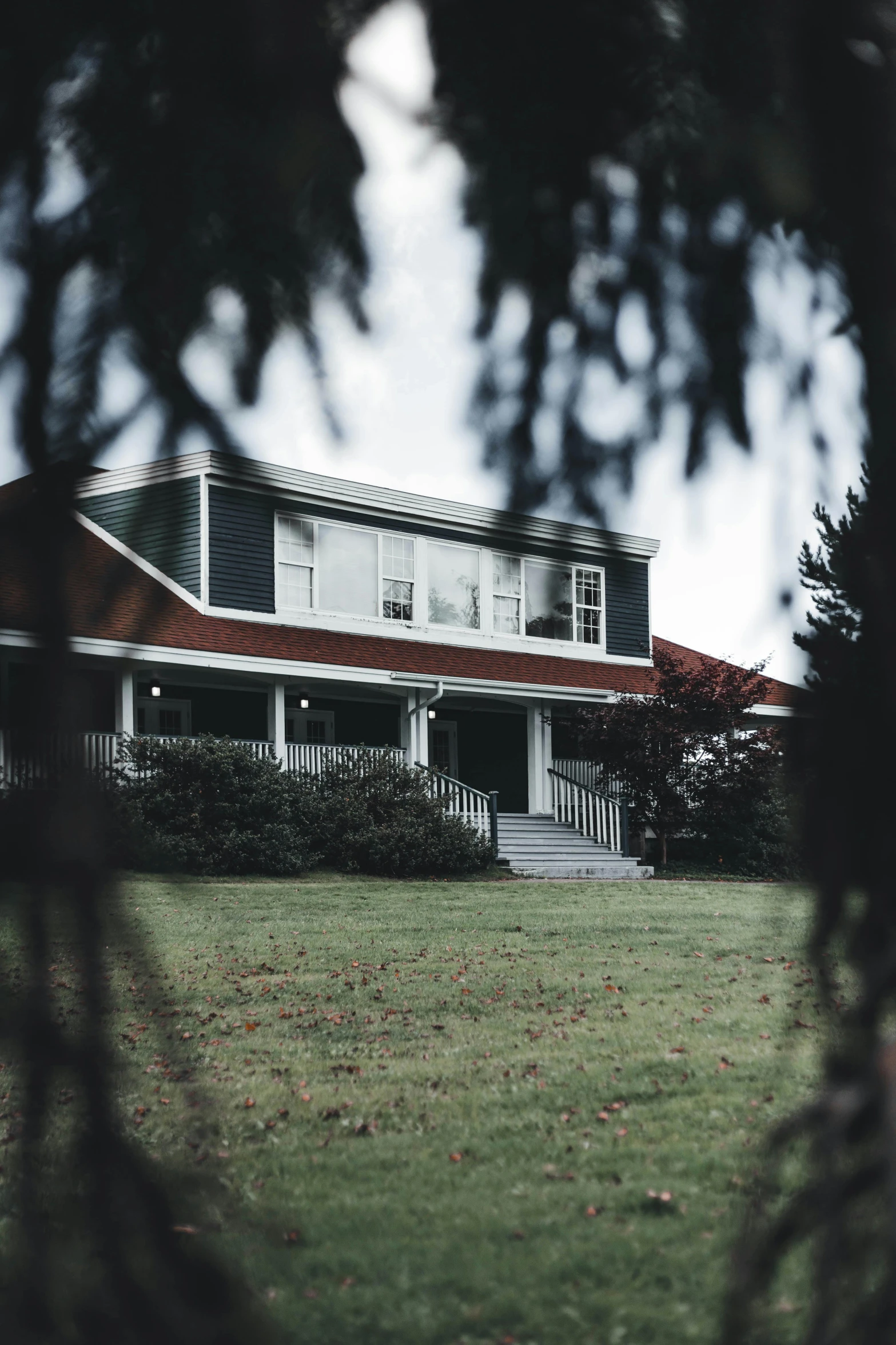 the house from across the field through a tree nch