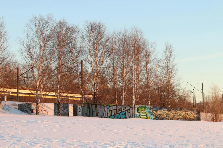 some graffiti is covered in snow with trees behind it