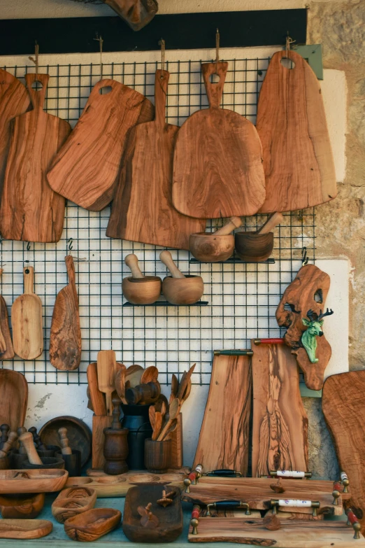 wood turning tools on display on wall of shop