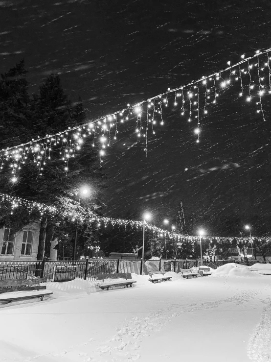 a black and white po of lights strung from a snowy street