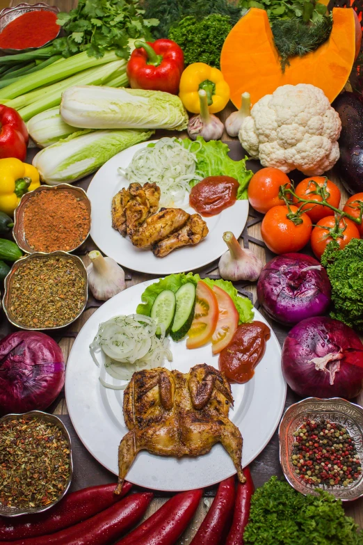 plates of food that include meat, veggies and more