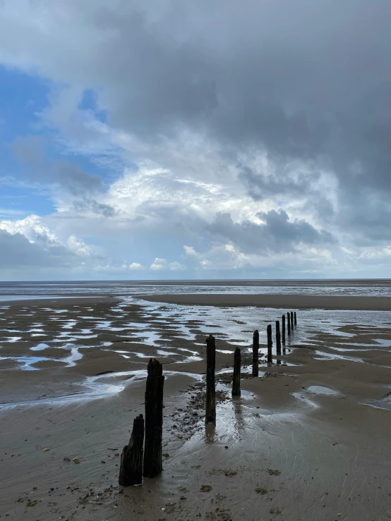 a wooden fence on the beach with low tide