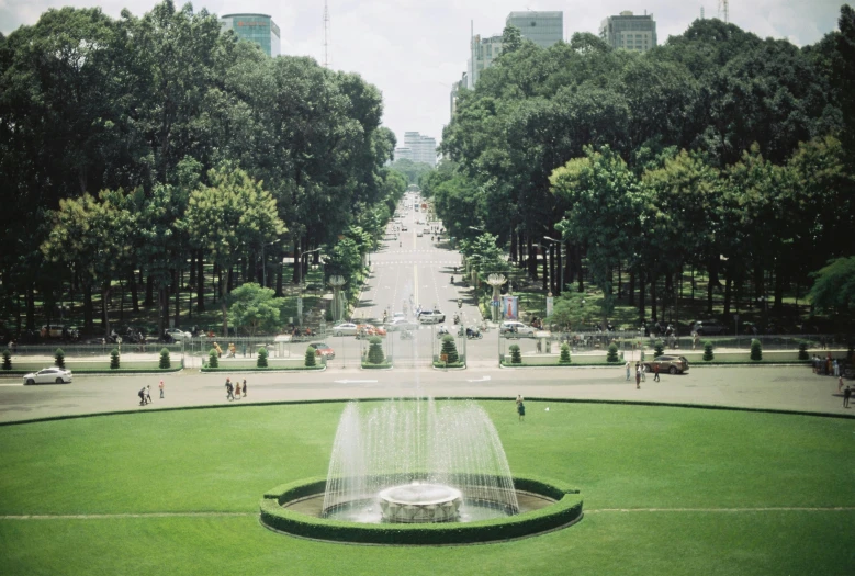 view down a park - like area in the city