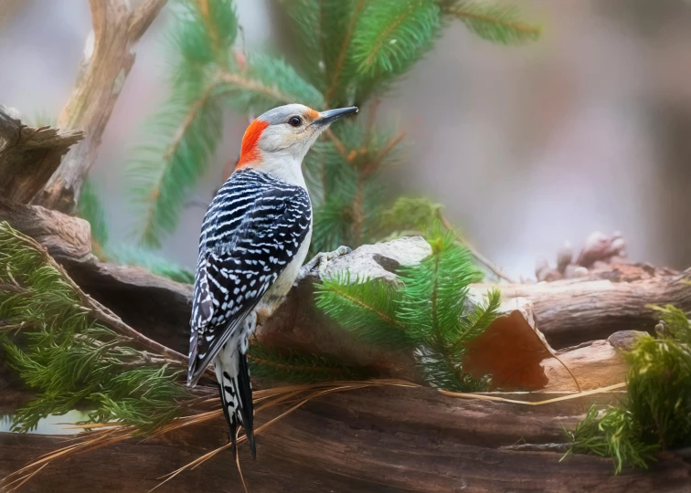 an orange and white bird perched on a nch