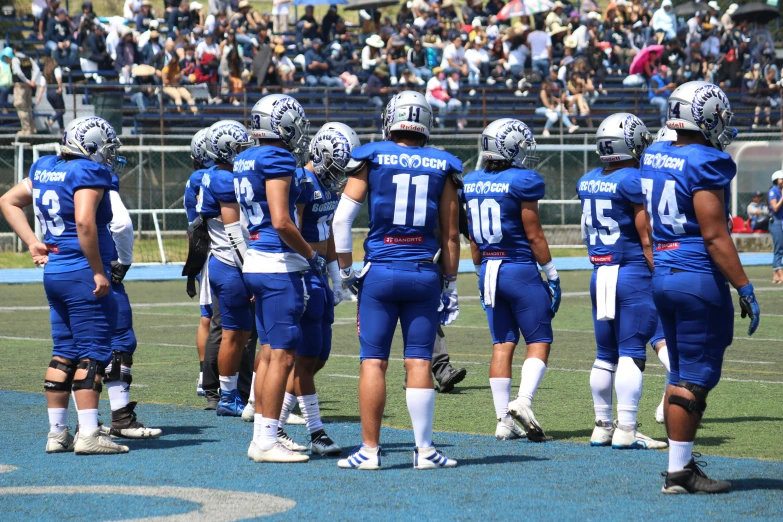 a football team standing on a field, talking