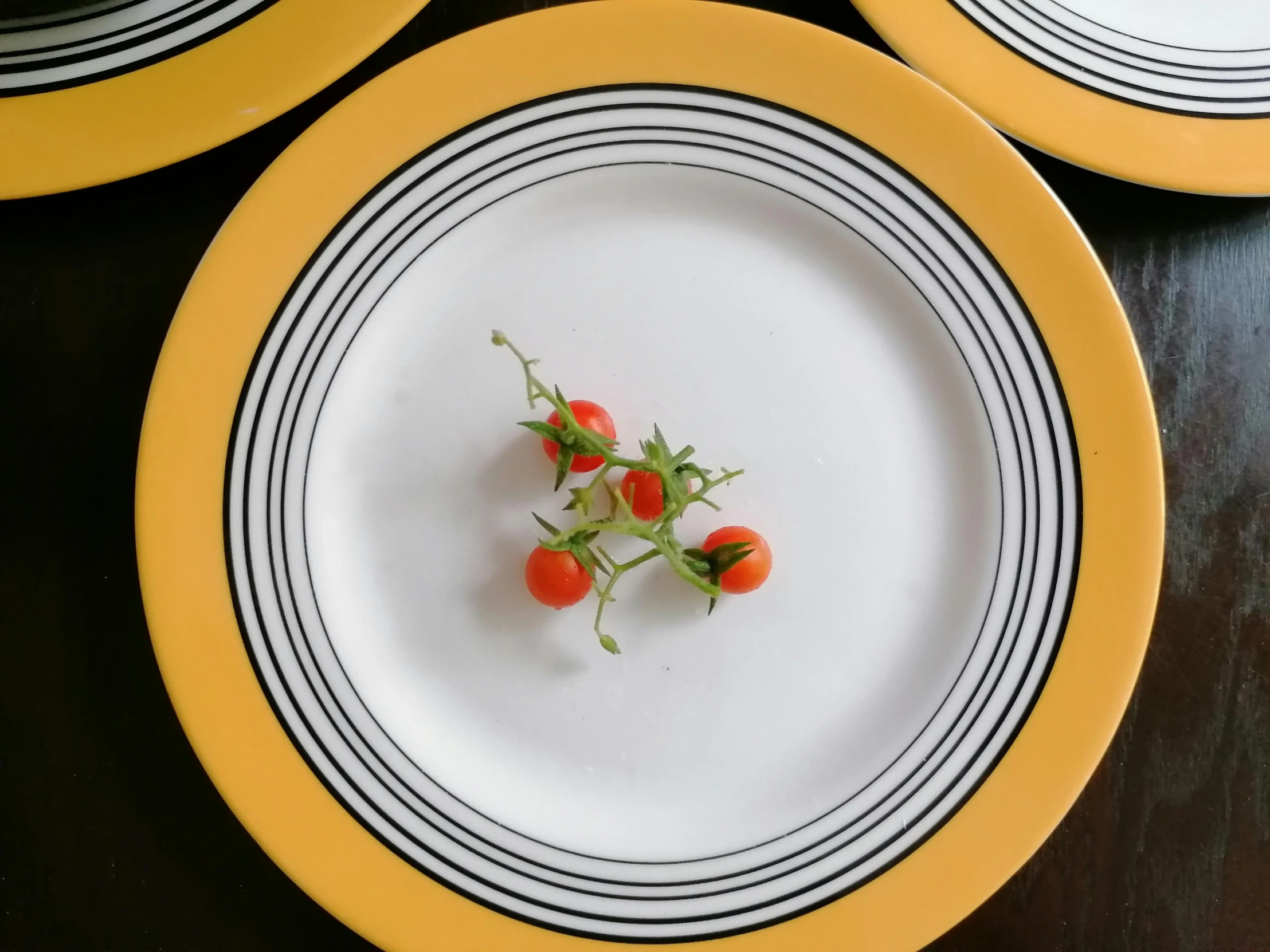 three white and yellow plates with tomatoes on them