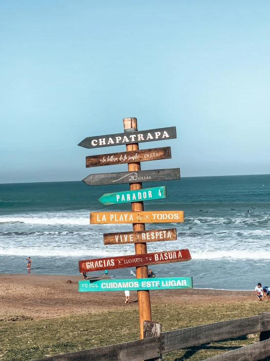 a wooden sign on the beach points to several different places