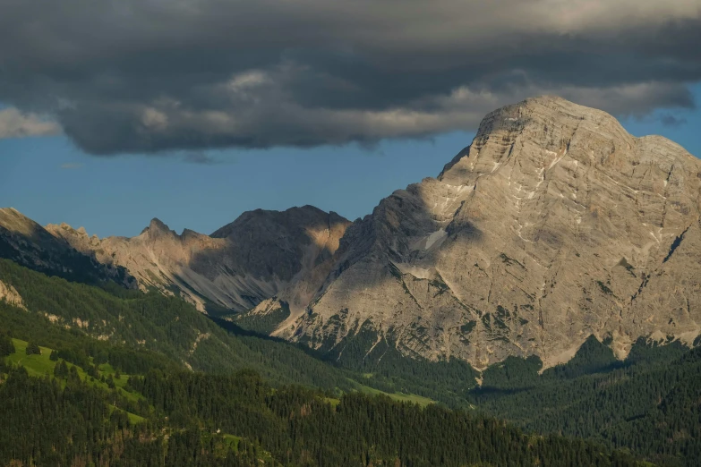 large mountain peaks rise in the sky above the trees