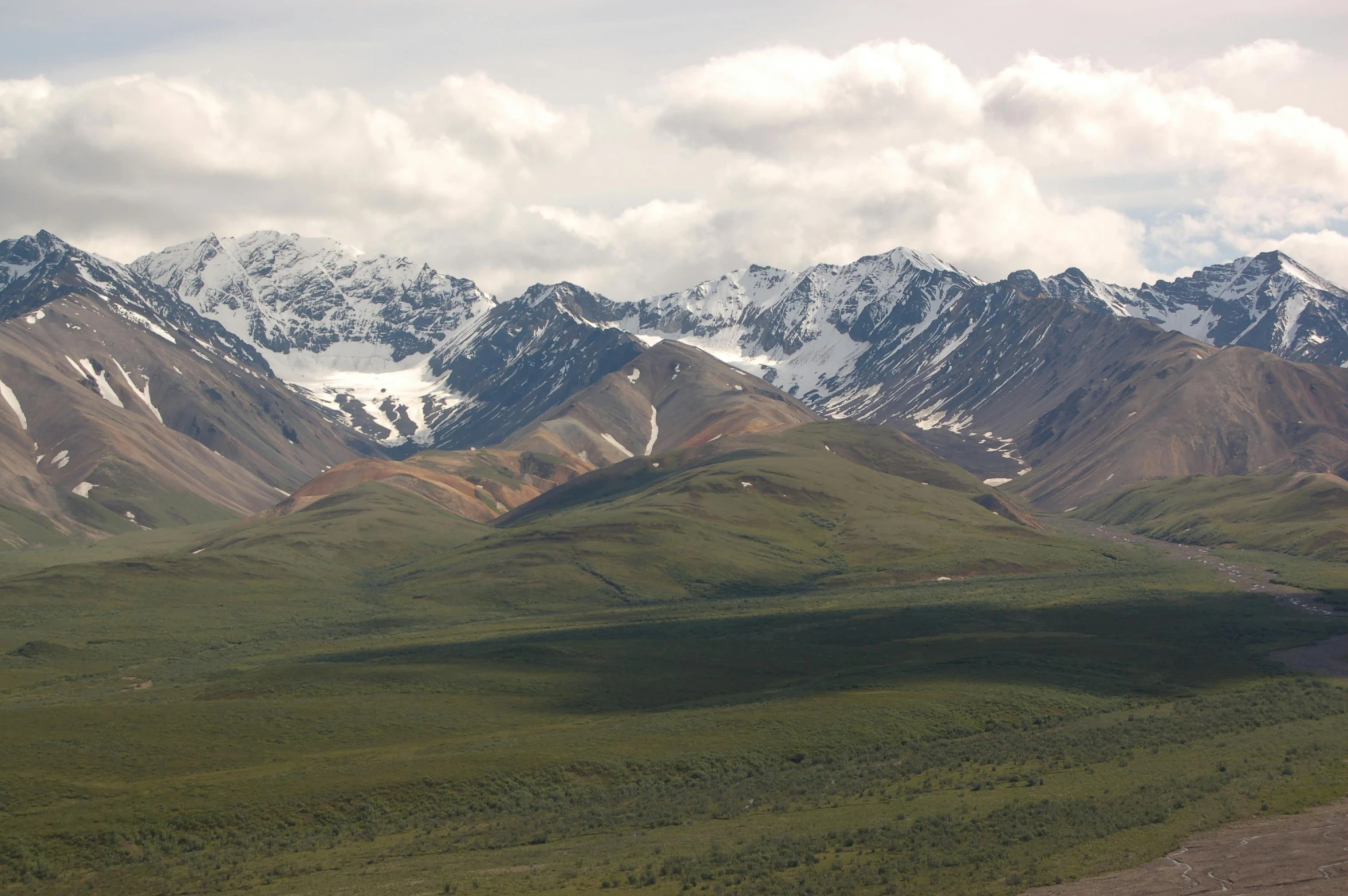 there are mountains that have green grass and white snow on them