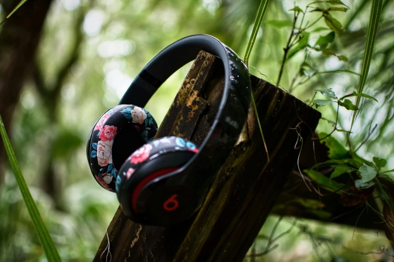 a pair of headphones laying on top of a tree trunk