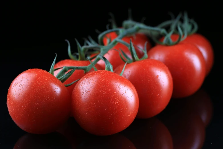 five tomatoes are arranged side by side on a black background