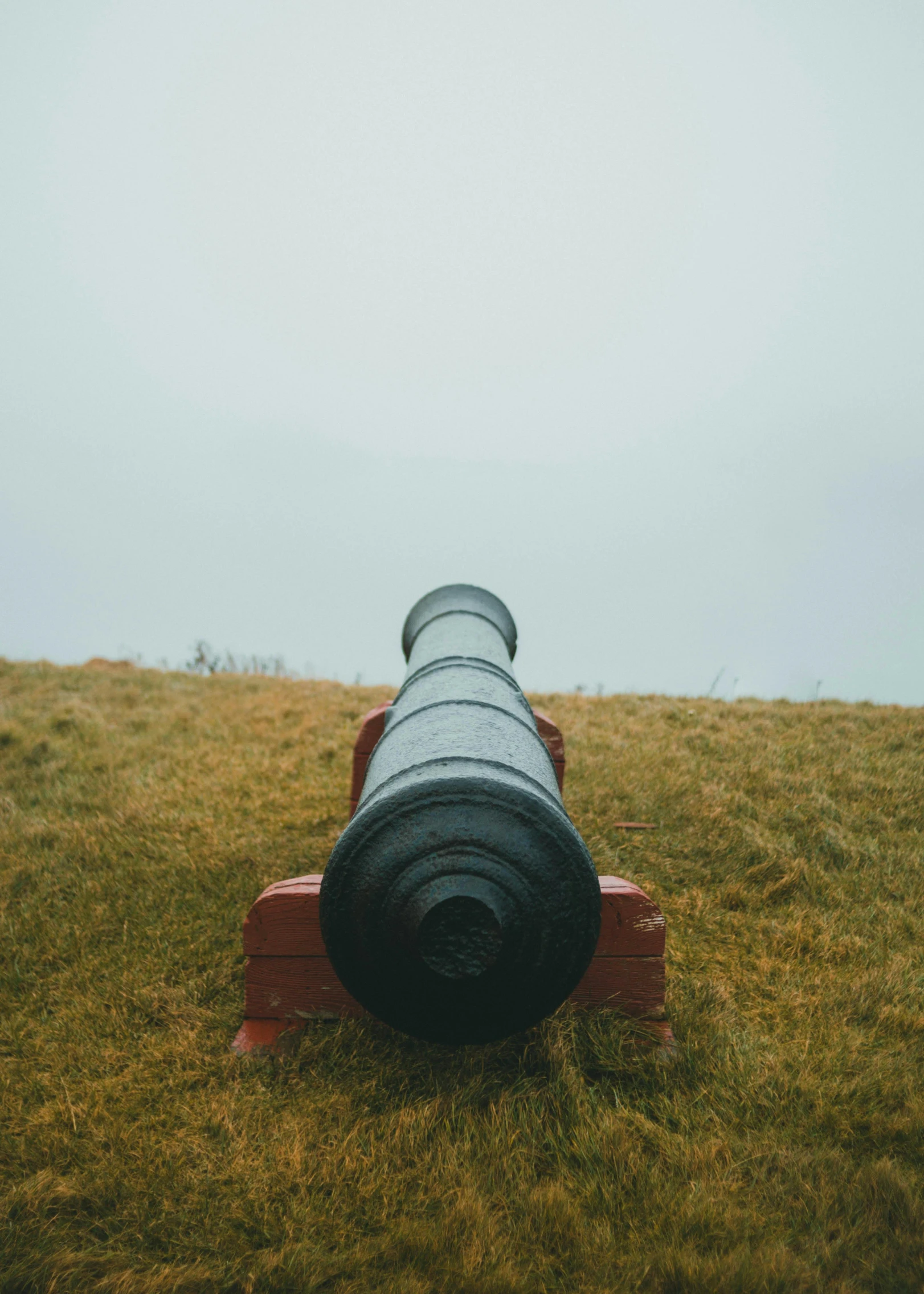 an old cannon laying on the grass in a field