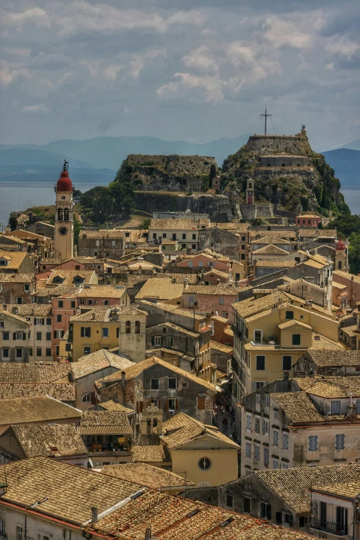 an aerial view of the buildings in an old town