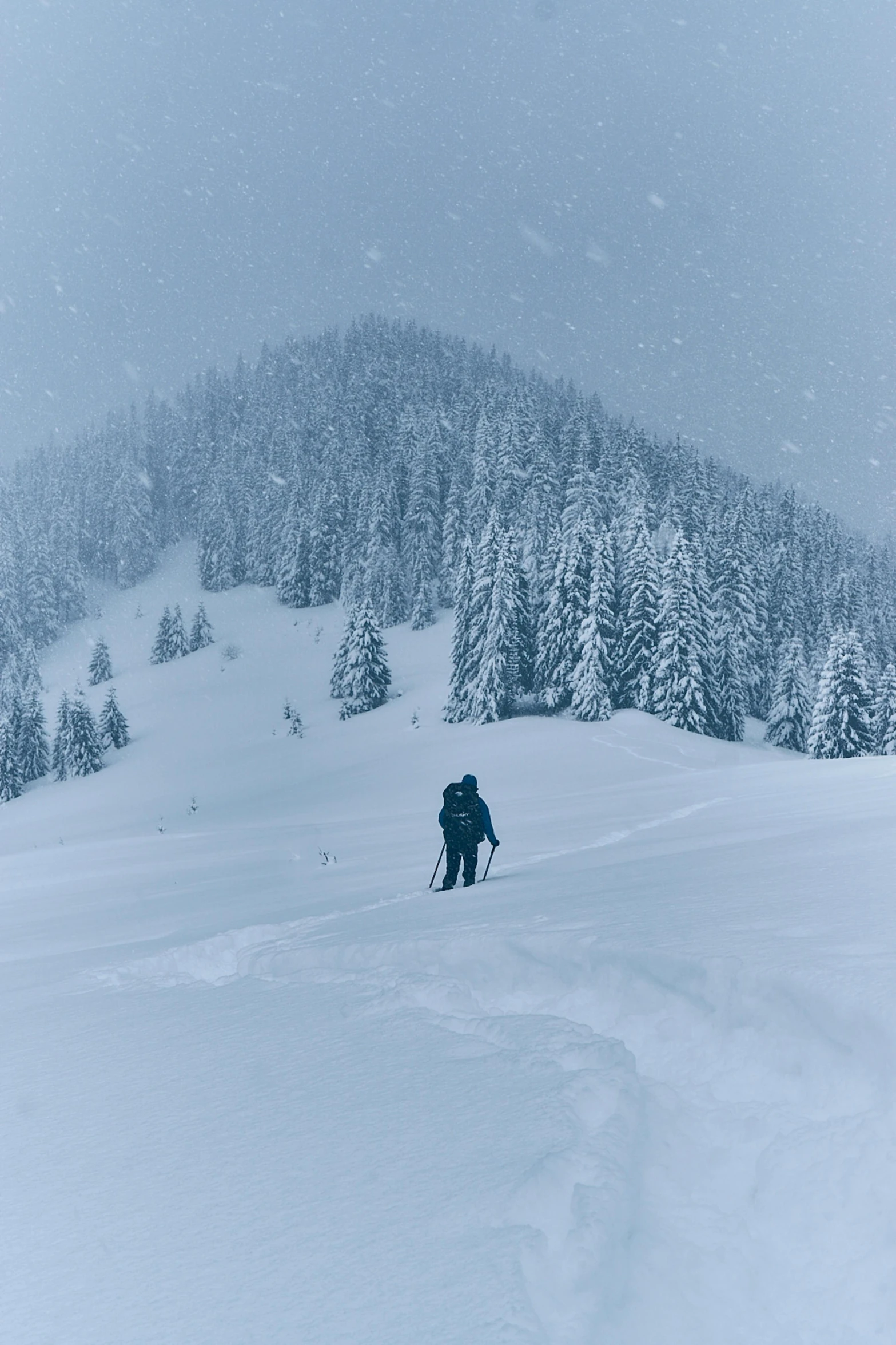 a couple of people riding skis down a snow covered slope