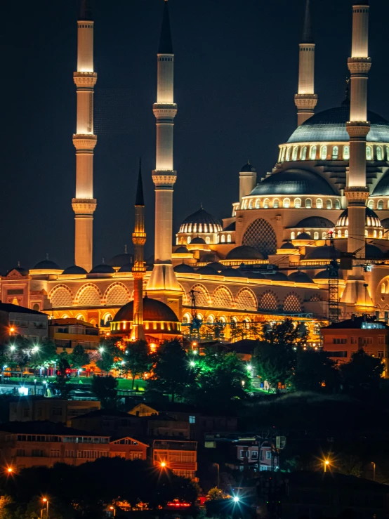 the lights shine on an oriental building in the city