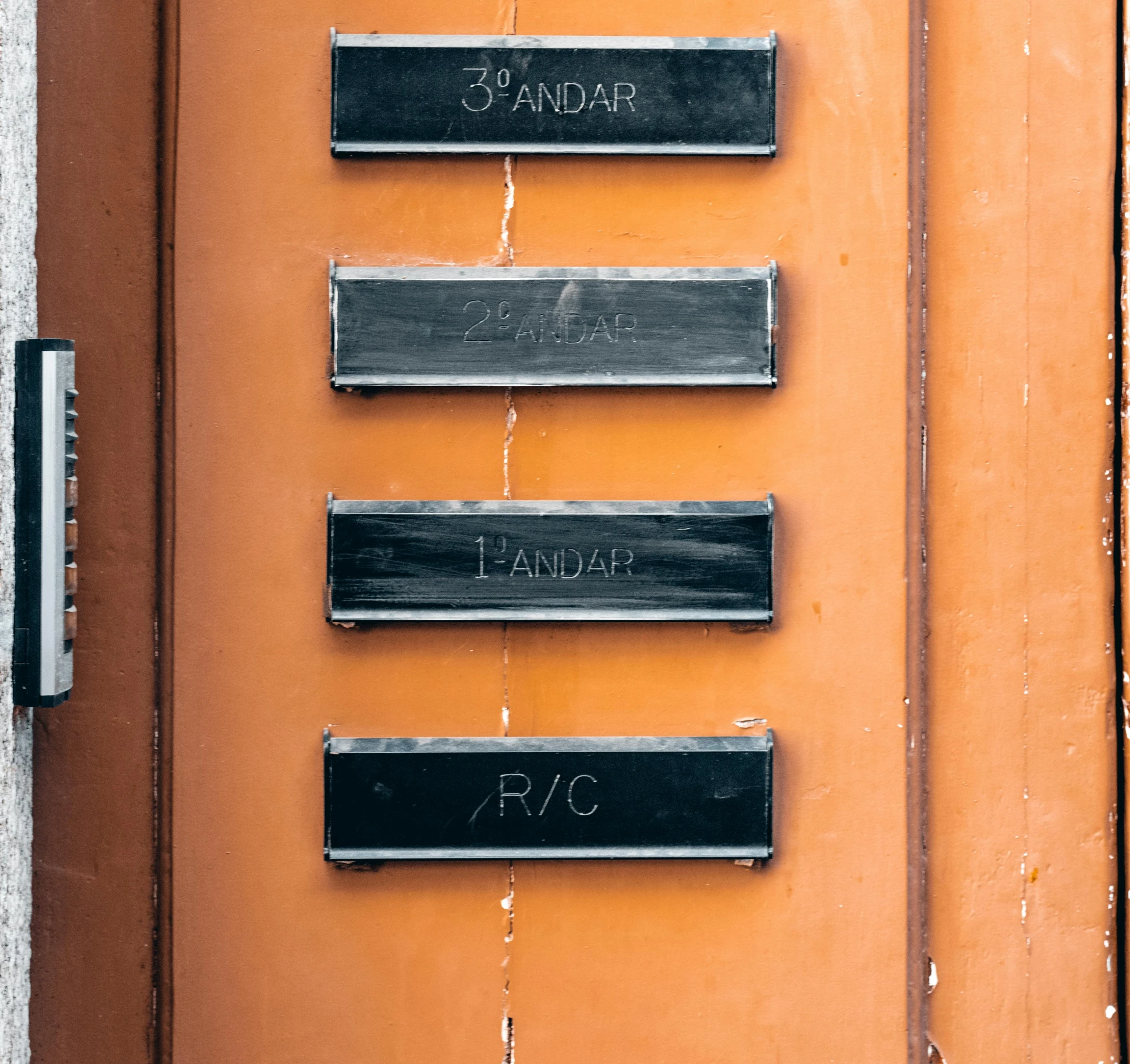 three name plaques on an orange door and a keyhole on the lock