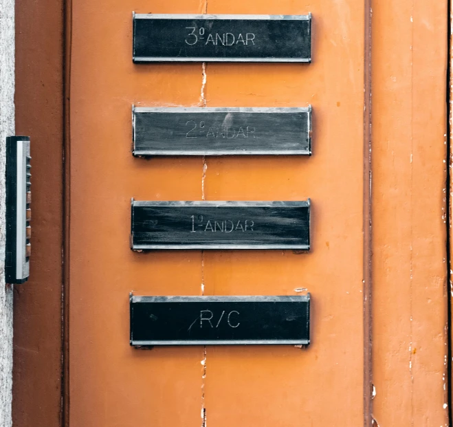 three name plaques on an orange door and a keyhole on the lock